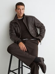 Reiss Bordeaux Trinity Leather Oversized Funnel-Neck Jacket - Image 1 of 9