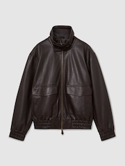 Reiss Bordeaux Trinity Leather Oversized Funnel-Neck Jacket - Image 2 of 9