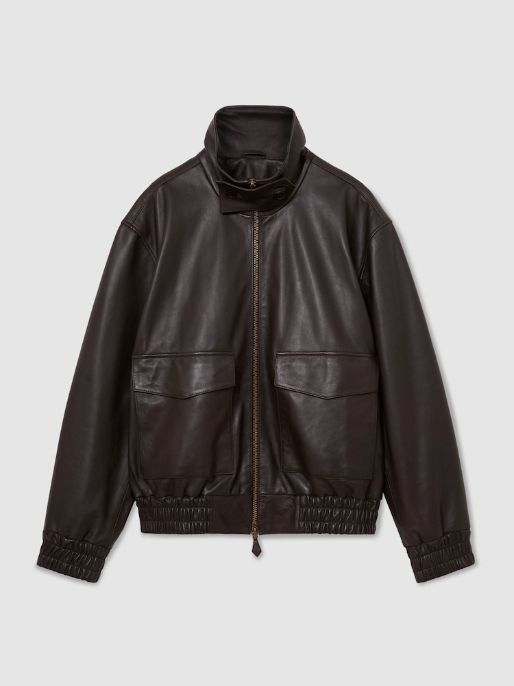 Reiss Bordeaux Trinity Leather Oversized Funnel-Neck Jacket - Image 2 of 9 Reiss Bordeaux Trinity Leather Oversized Funnel-Neck Jacket - Image 2 of 9