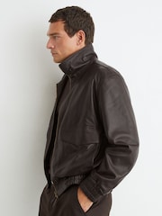 Reiss Bordeaux Trinity Leather Oversized Funnel-Neck Jacket - Image 4 of 9
