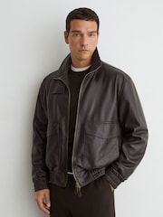 Reiss Bordeaux Trinity Leather Oversized Funnel-Neck Jacket - Image 7 of 9