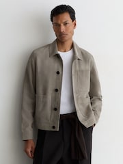 Reiss Grey Suede Button-Through Trucker Jacket - Image 1 of 7