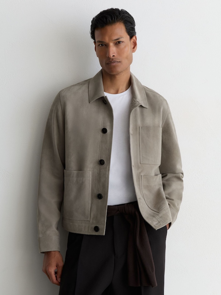 Reiss Grey Suede Button-Through Trucker Jacket - Image 1 of 7