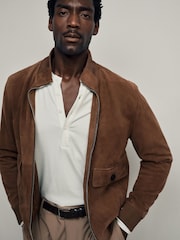 Reiss Tobacco Brown Helliford Suede Funnel-Neck Bomber Jacket - Image 1 of 7