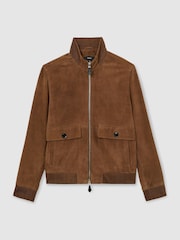 Reiss Tobacco Brown Helliford Suede Funnel-Neck Bomber Jacket - Image 2 of 7