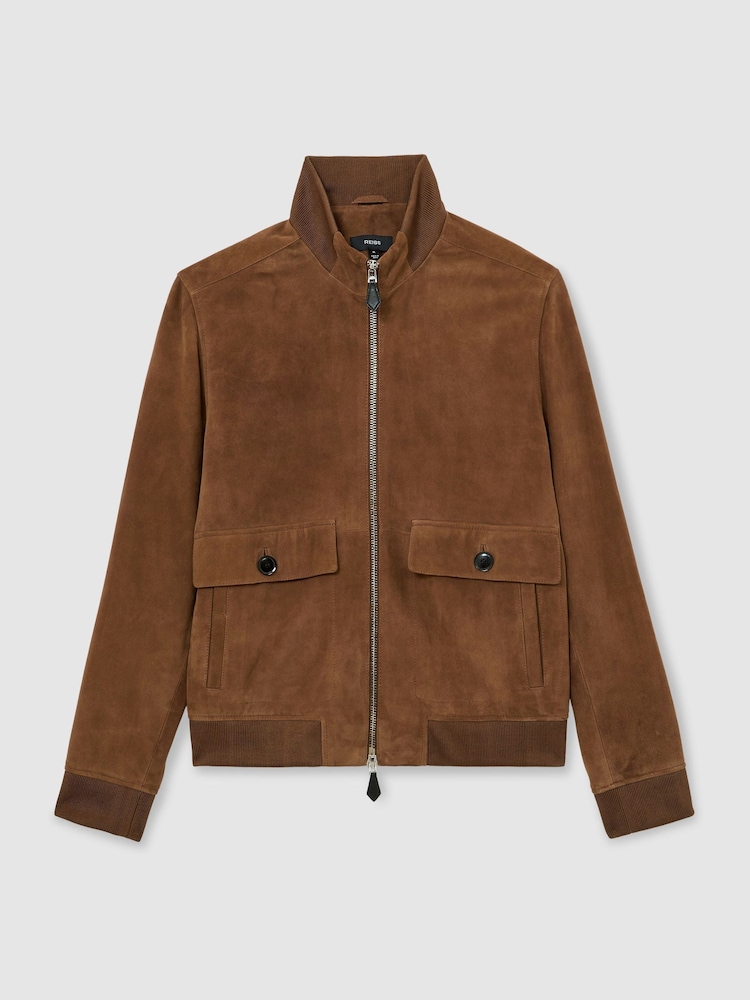 Reiss Tobacco Brown Helliford Suede Funnel-Neck Bomber Jacket - Image 2 of 7 Reiss Tobacco Brown Helliford Suede Funnel-Neck Bomber Jacket - Image 2 of 7