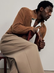 Reiss Tobacco Brown Helliford Suede Funnel-Neck Bomber Jacket - Image 4 of 7