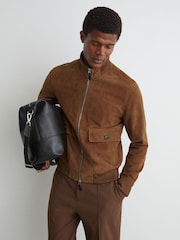 Reiss Tobacco Brown Helliford Suede Funnel-Neck Bomber Jacket - Image 5 of 7