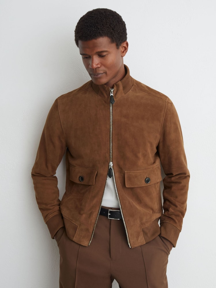 Reiss Tobacco Brown Helliford Suede Funnel-Neck Bomber Jacket - Image 7 of 7 Reiss Tobacco Brown Helliford Suede Funnel-Neck Bomber Jacket - Image 7 of 7