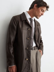 Reiss Dark Brown Wilson Leather Trench Jacket - Image 1 of 7