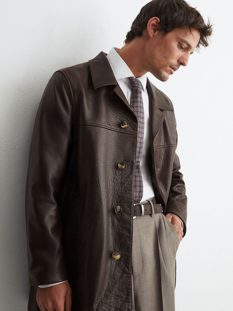Reiss Dark Brown Wilson Leather Trench Jacket - Image 1 of 7 Reiss Dark Brown Wilson Leather Trench Jacket - Image 1 of 7