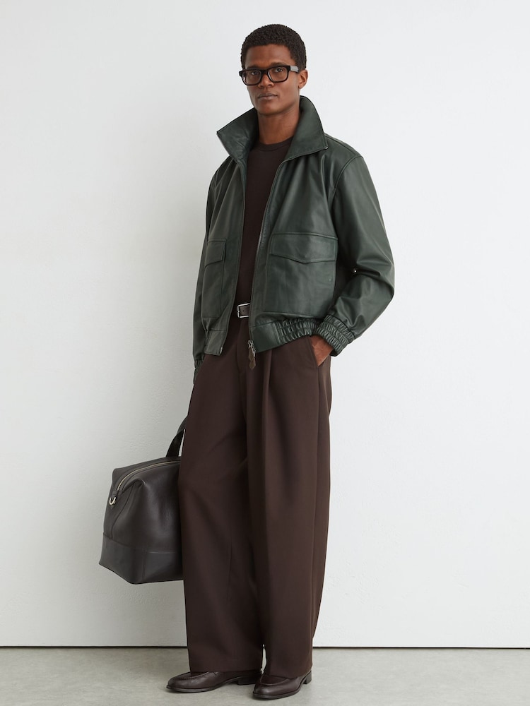 Reiss Dark Green Trinity Leather Oversized Funnel-Neck Jacket - Image 1 of 7 Reiss Dark Green Trinity Leather Oversized Funnel-Neck Jacket - Image 1 of 7