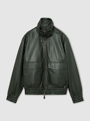 Reiss Dark Green Trinity Leather Oversized Funnel-Neck Jacket - Image 2 of 7
