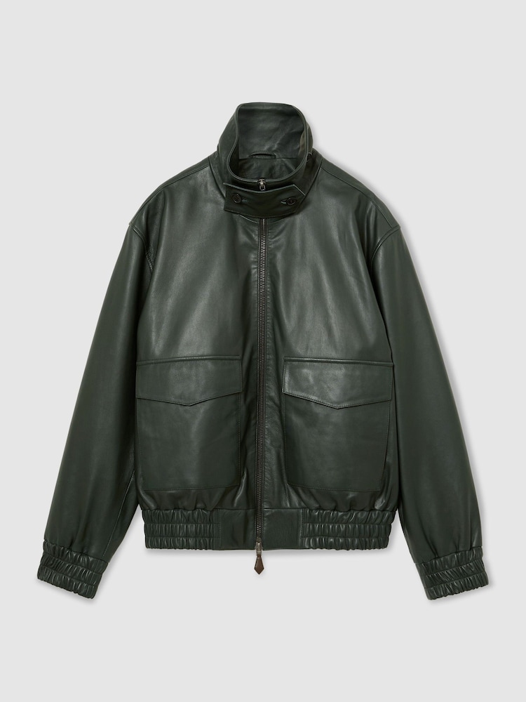 Reiss Dark Green Trinity Leather Oversized Funnel-Neck Jacket - Image 2 of 7 Reiss Dark Green Trinity Leather Oversized Funnel-Neck Jacket - Image 2 of 7