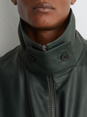 Reiss Dark Green Trinity Leather Oversized Funnel-Neck Jacket - Image 3 of 7
