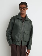Reiss Dark Green Trinity Leather Oversized Funnel-Neck Jacket - Image 4 of 7