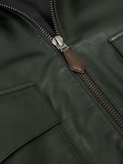 Reiss Dark Green Trinity Leather Oversized Funnel-Neck Jacket - Image 7 of 7