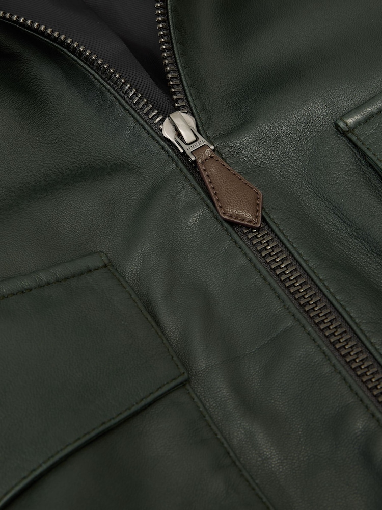 Reiss Dark Green Trinity Leather Oversized Funnel-Neck Jacket - Image 7 of 7 Reiss Dark Green Trinity Leather Oversized Funnel-Neck Jacket - Image 7 of 7