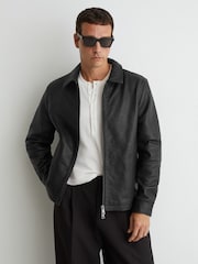 Μαύρο - Reiss Ortega Leather Collared Zip-Through Jacket - Εικόνα 1 του 8