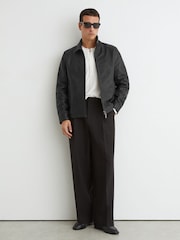 Μαύρο - Reiss Ortega Leather Collared Zip-Through Jacket - Εικόνα 3 του 8