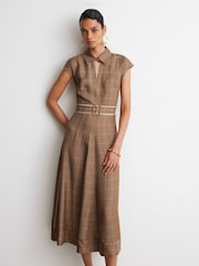 Reiss Neutral Check Sammie Collared Check Belted Midi Dress - Image 1 of 9