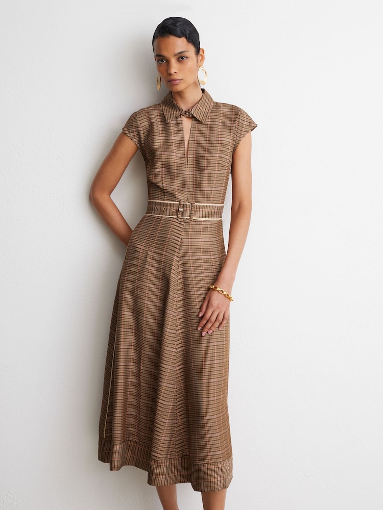 Reiss Neutral Check Sammie Collared Check Belted Midi Dress - Image 1 of 9