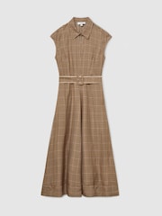 Reiss Neutral Check Sammie Collared Check Belted Midi Dress - Image 2 of 9