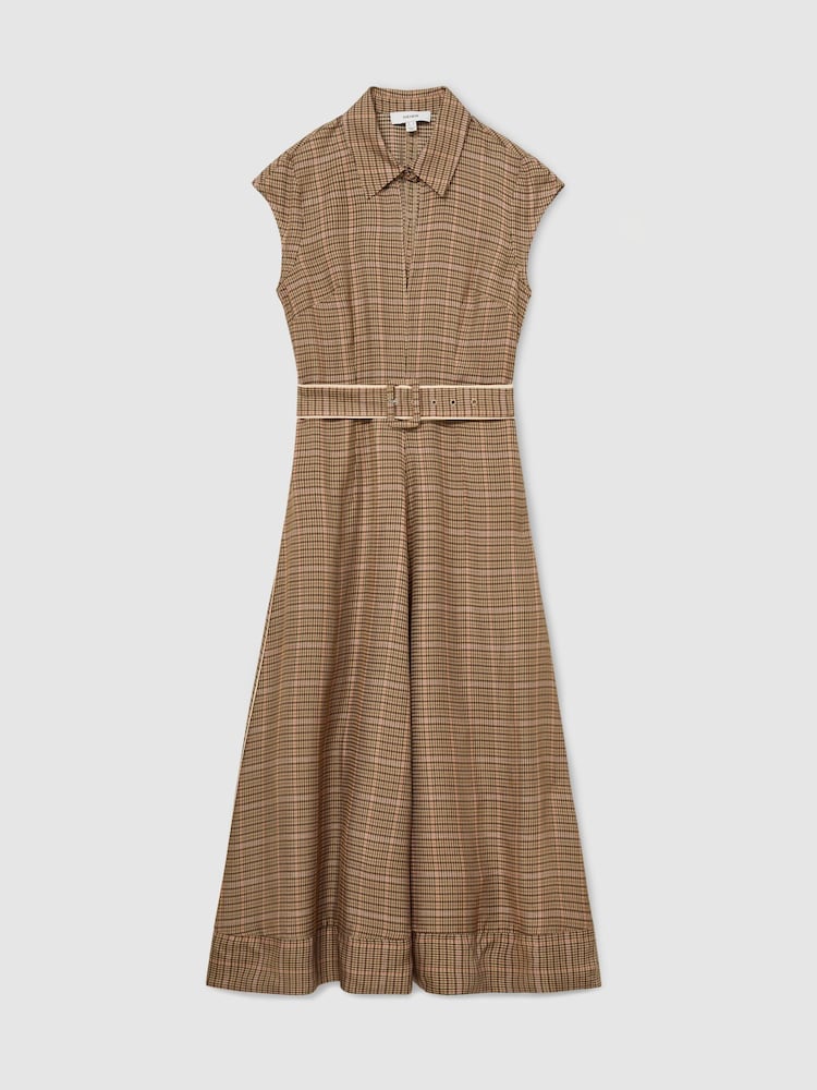 Reiss Neutral Check Sammie Collared Check Belted Midi Dress - Image 2 of 9