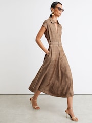 Reiss Neutral Check Sammie Collared Check Belted Midi Dress - Image 4 of 9