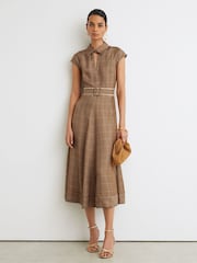 Reiss Neutral Check Sammie Collared Check Belted Midi Dress - Image 5 of 9