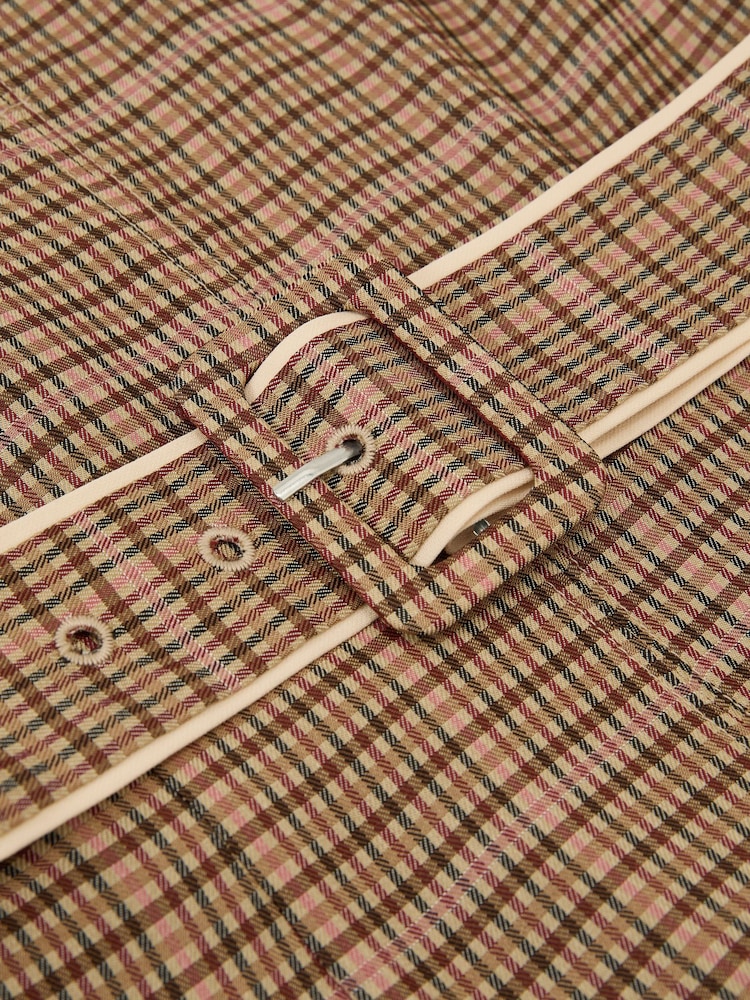 Reiss Neutral Check Sammie Collared Check Belted Midi Dress - Image 9 of 9