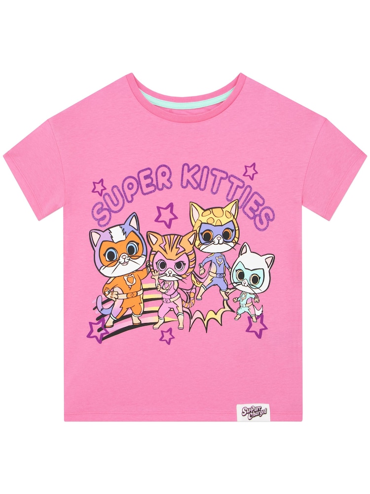 Character Pink Super Kitties Glitter T-Shirt - Image 1 of 9 Character Pink Super Kitties Glitter T-Shirt - Image 1 of 9