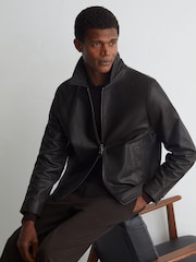 Σκούρο καφετί - Reiss Ortega Leather Collared Zip-Through Jacket - Εικόνα 1 του 8
