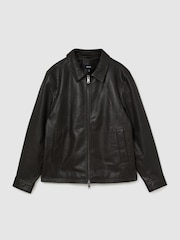 Σκούρο καφετί - Reiss Ortega Leather Collared Zip-Through Jacket - Εικόνα 2 του 8