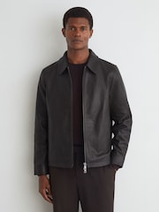 Σκούρο καφετί - Reiss Ortega Leather Collared Zip-Through Jacket - Εικόνα 6 του 8