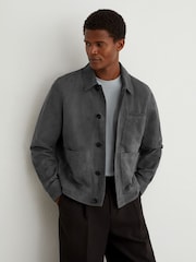 Reiss Petrol Blue Wilstead Suede Button-Through Trucker Jacket - Image 1 of 8