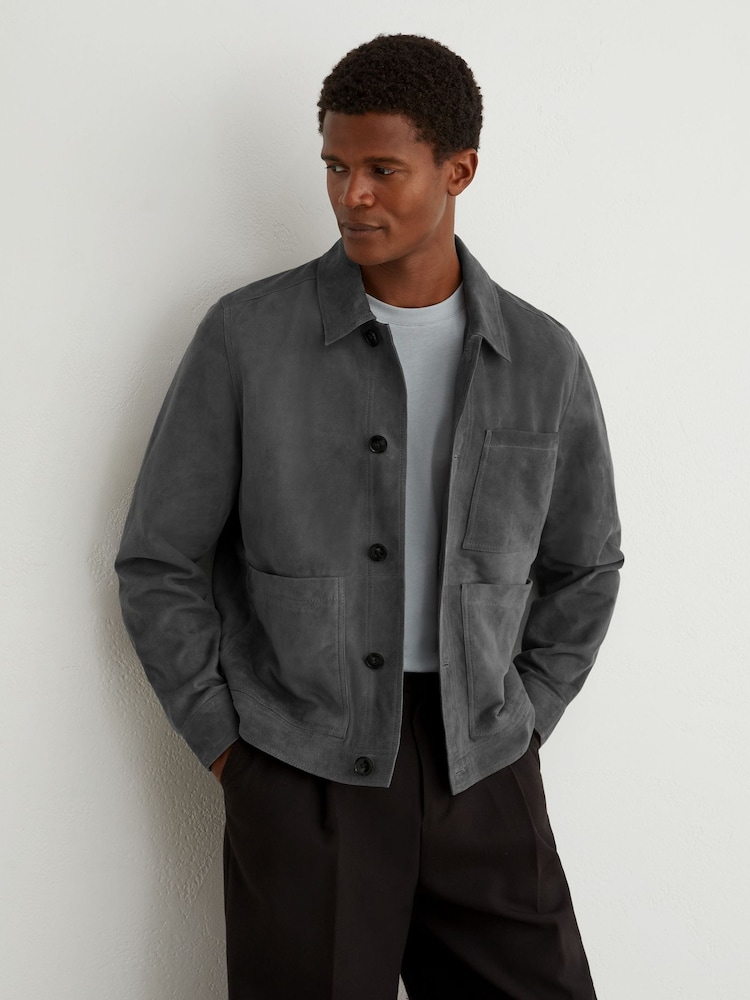 Reiss Petrol Blue Wilstead Suede Button-Through Trucker Jacket - Image 1 of 8 Reiss Petrol Blue Wilstead Suede Button-Through Trucker Jacket - Image 1 of 8