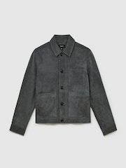 Reiss Petrol Blue Wilstead Suede Button-Through Trucker Jacket - Image 2 of 8