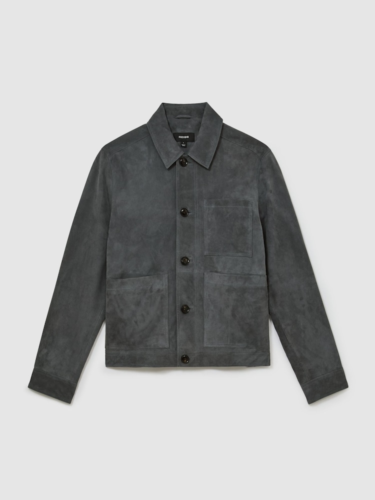 Reiss Petrol Blue Wilstead Suede Button-Through Trucker Jacket - Image 2 of 8 Reiss Petrol Blue Wilstead Suede Button-Through Trucker Jacket - Image 2 of 8