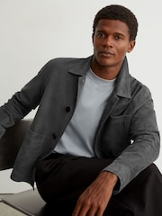 Reiss Petrol Blue Wilstead Suede Button-Through Trucker Jacket - Image 6 of 8