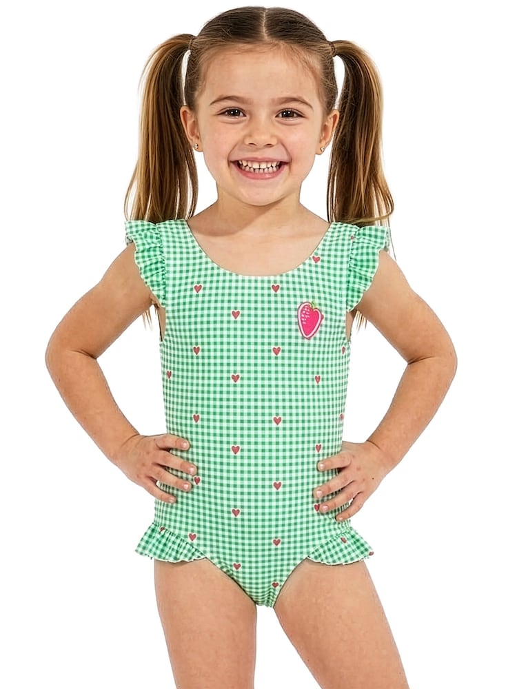 Harry Bear Green Gingham Hearts One Piece Swimsuit - Image 1 of 8 Harry Bear Green Gingham Hearts One Piece Swimsuit - Image 1 of 8