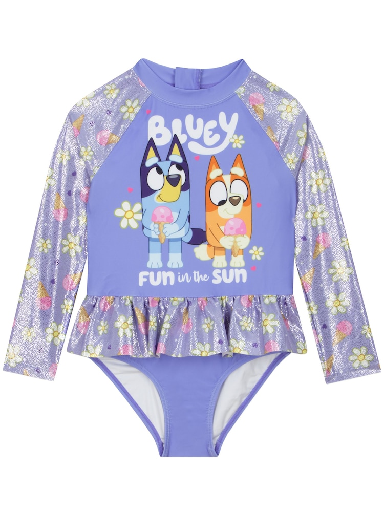 Character Purple Bluey And Bingo Long Sleeve Swimsuit With Frill Skirt - Image 1 of 9 Character Purple Bluey And Bingo Long Sleeve Swimsuit With Frill Skirt - Image 1 of 9