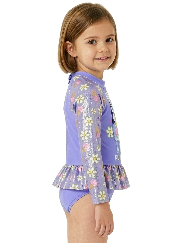 Character Purple Bluey And Bingo Long Sleeve Swimsuit With Frill Skirt - Image 9 of 9 Character Purple Bluey And Bingo Long Sleeve Swimsuit With Frill Skirt - Image 9 of 9
