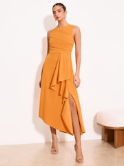Lipsy Ochre Yellow Gold Trim Ruffle Drape Fit And Flare Midi Dress - Image 1 of 5