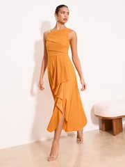 Lipsy Ochre Yellow Gold Trim Ruffle Drape Fit And Flare Midi Dress - Image 4 of 5
