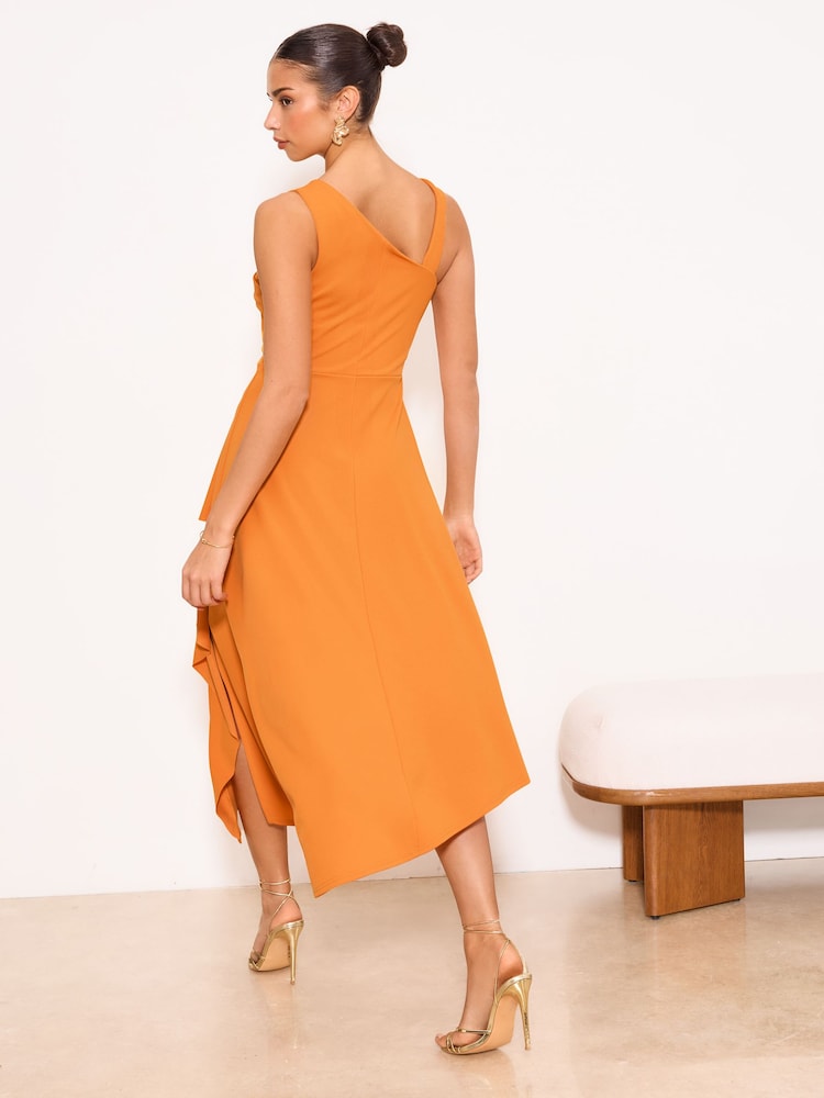 Lipsy Ochre Yellow Gold Trim Ruffle Drape Fit And Flare Midi Dress - Image 5 of 5