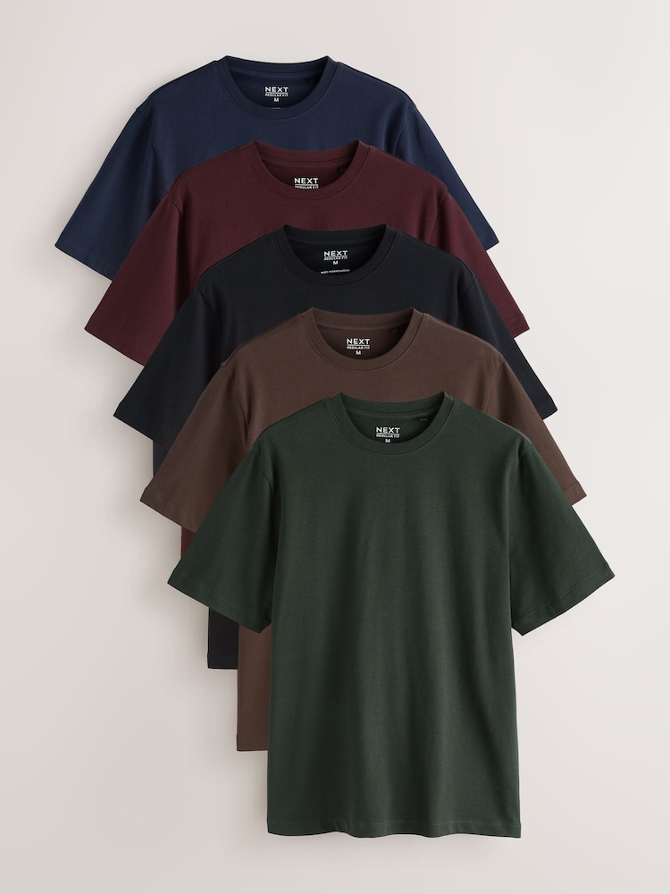 Brown/Navy Blue/Burgundy Red/Green/Black Regular Fit Heavyweight T-Shirts 5 Pack - Image 1 of 14 Brown/Navy Blue/Burgundy Red/Green/Black Regular Fit Heavyweight T-Shirts 5 Pack - Image 1 of 14