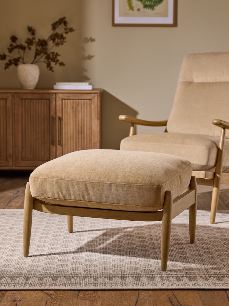 Fine Chenille Easy Clean Sand Beige Hampton Wooden Stool - Image 1 of 7
