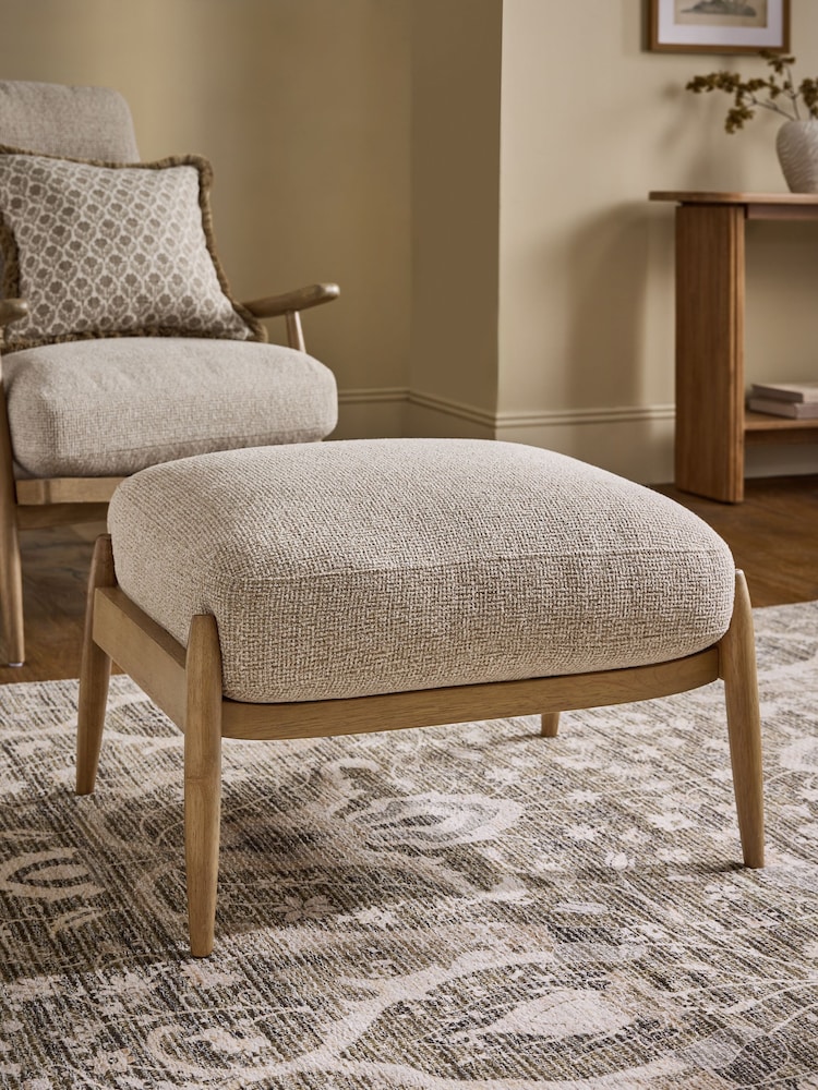 Textured Boucle Weave Mid Natural Hampton Wooden Stool - Image 1 of 7