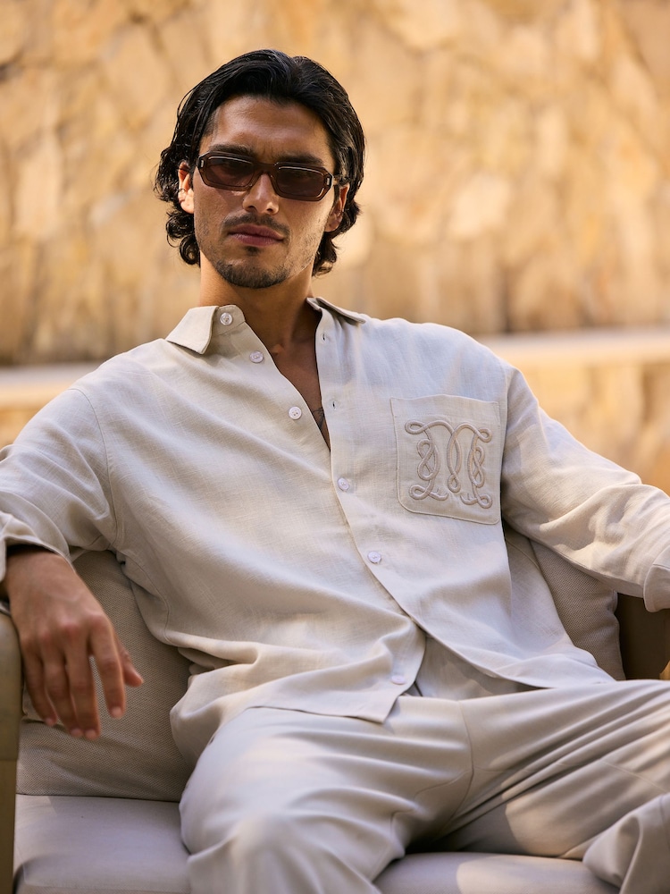 MAUVAIS Natural Monogram Linen Blend Embroidered Shirt in Beige - Image 8 of 8 MAUVAIS Natural Monogram Linen Blend Embroidered Shirt in Beige - Image 8 of 8